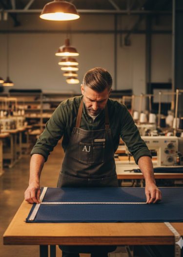 Professional factory worker creating custom sports wear designs at AJ One Ten manufacturing facility.